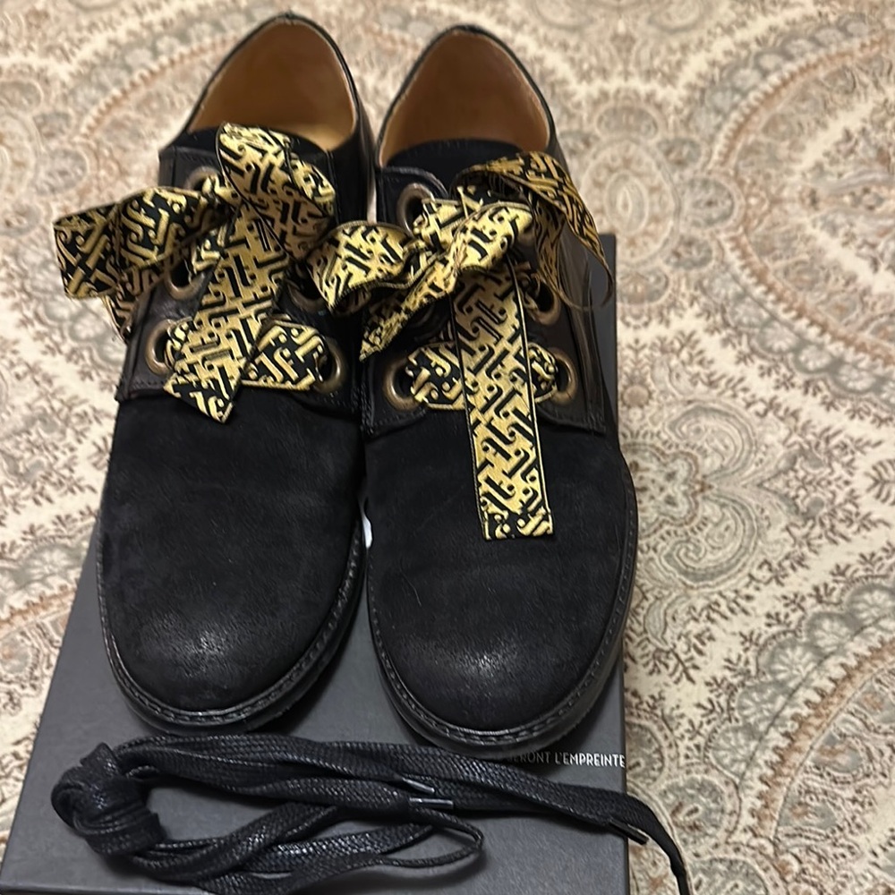 John Fluevog Black Lace-Up Shoes with Gold Accents